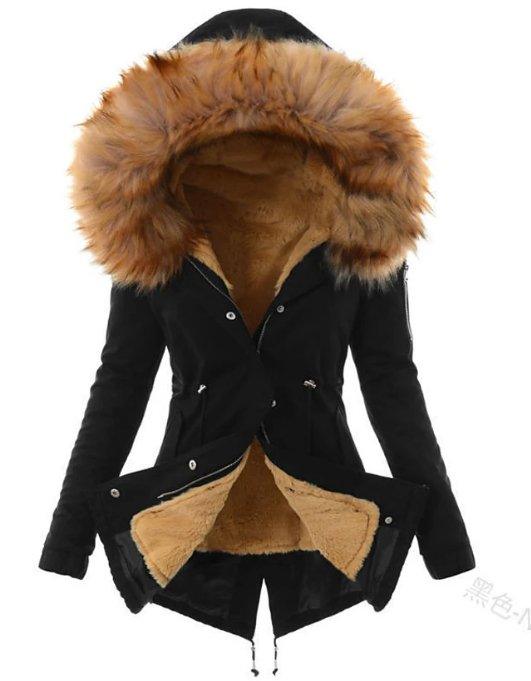 Womens Cozy Stylish Black Hooded Coat with Luxurious Fur Trim - Rebooters