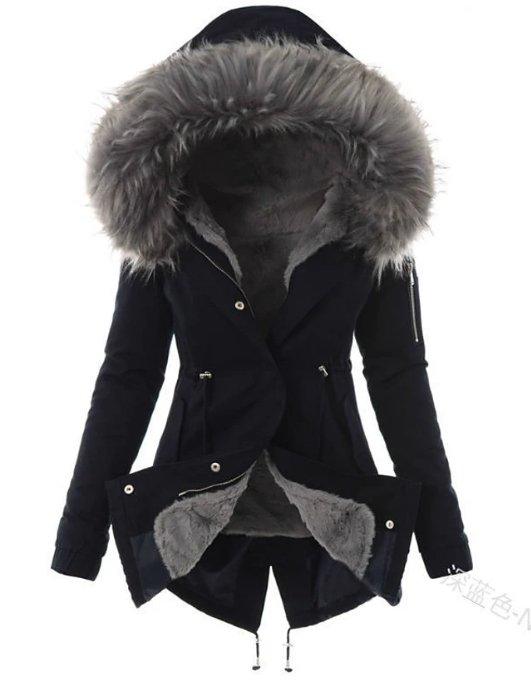 Womens Cozy Stylish Black Hooded Coat with Luxurious Fur Trim - Rebooters