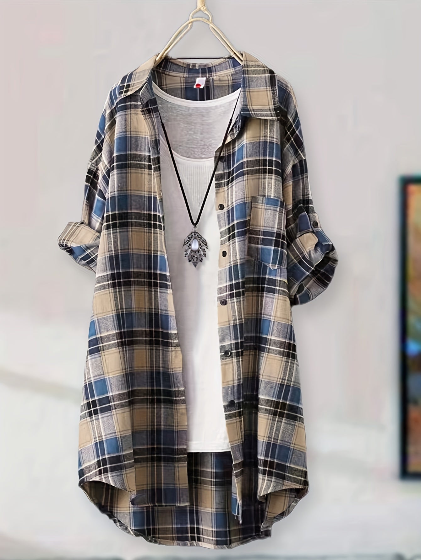 Plaid Button-Up Longline Shirt For Women - Cozy Style - Rebooters