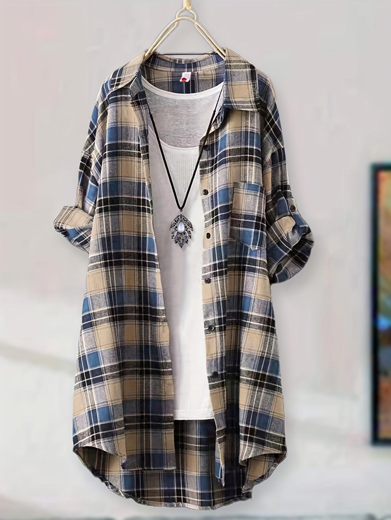 Plaid Button-Up Longline Shirt For Women - Cozy Style Rebooters Womens Shirts