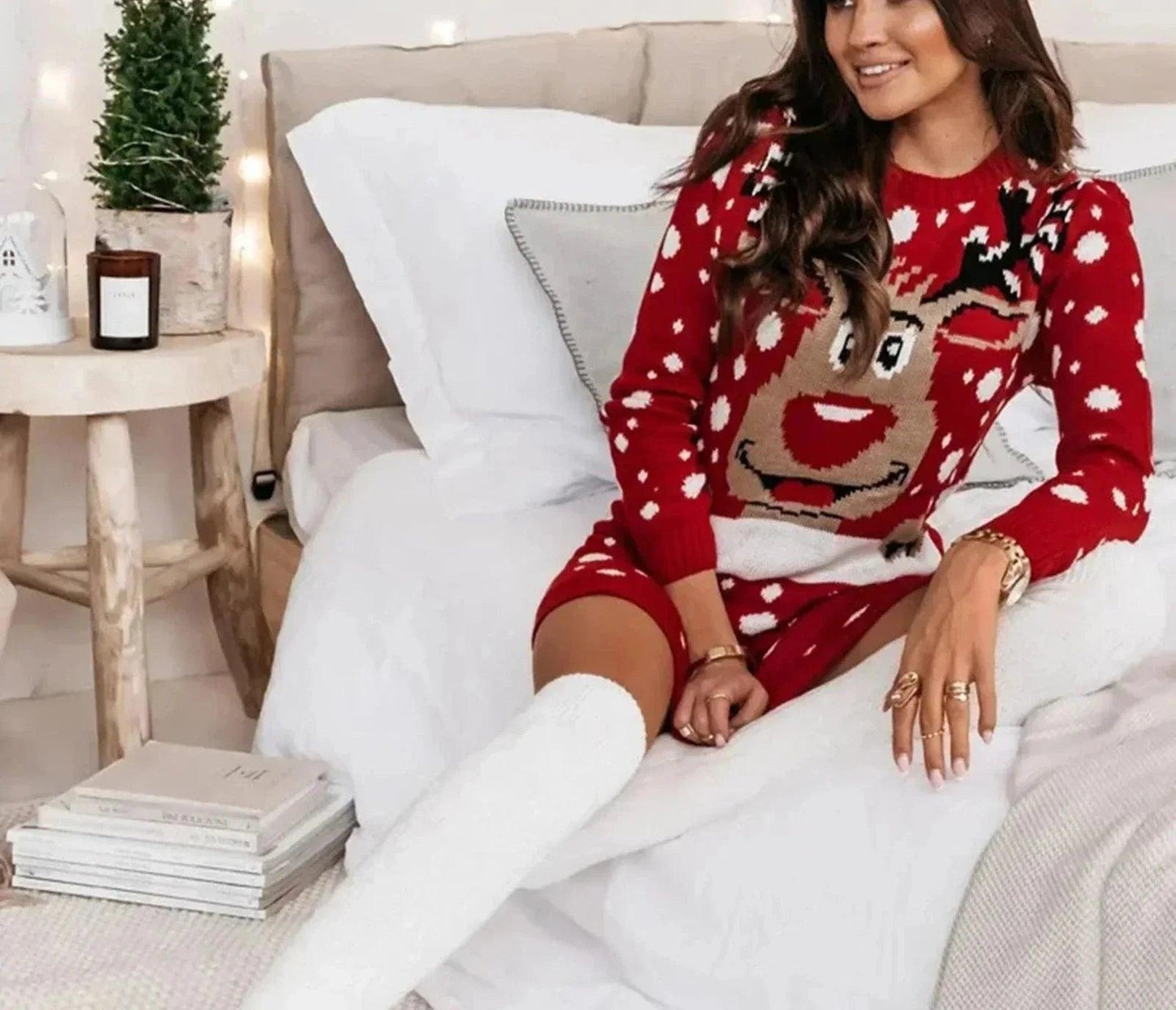Womens Festive Reindeer Knit Dress for Holiday Cheer - Rebooters -Women's Dresses
