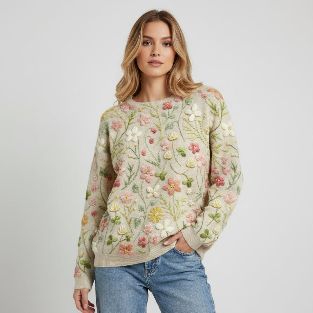 Womens Chic Floral Embroidery Knit Sweater for Casual Style - Rebooters