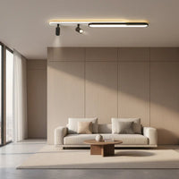 Modern ceiling light fixture in a room with neutral walls and a mirror.