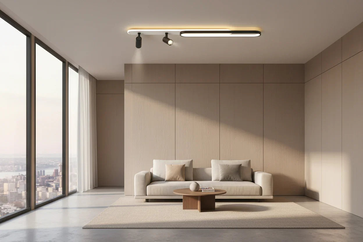 Modern ceiling light fixture in a room with neutral walls and a mirror.