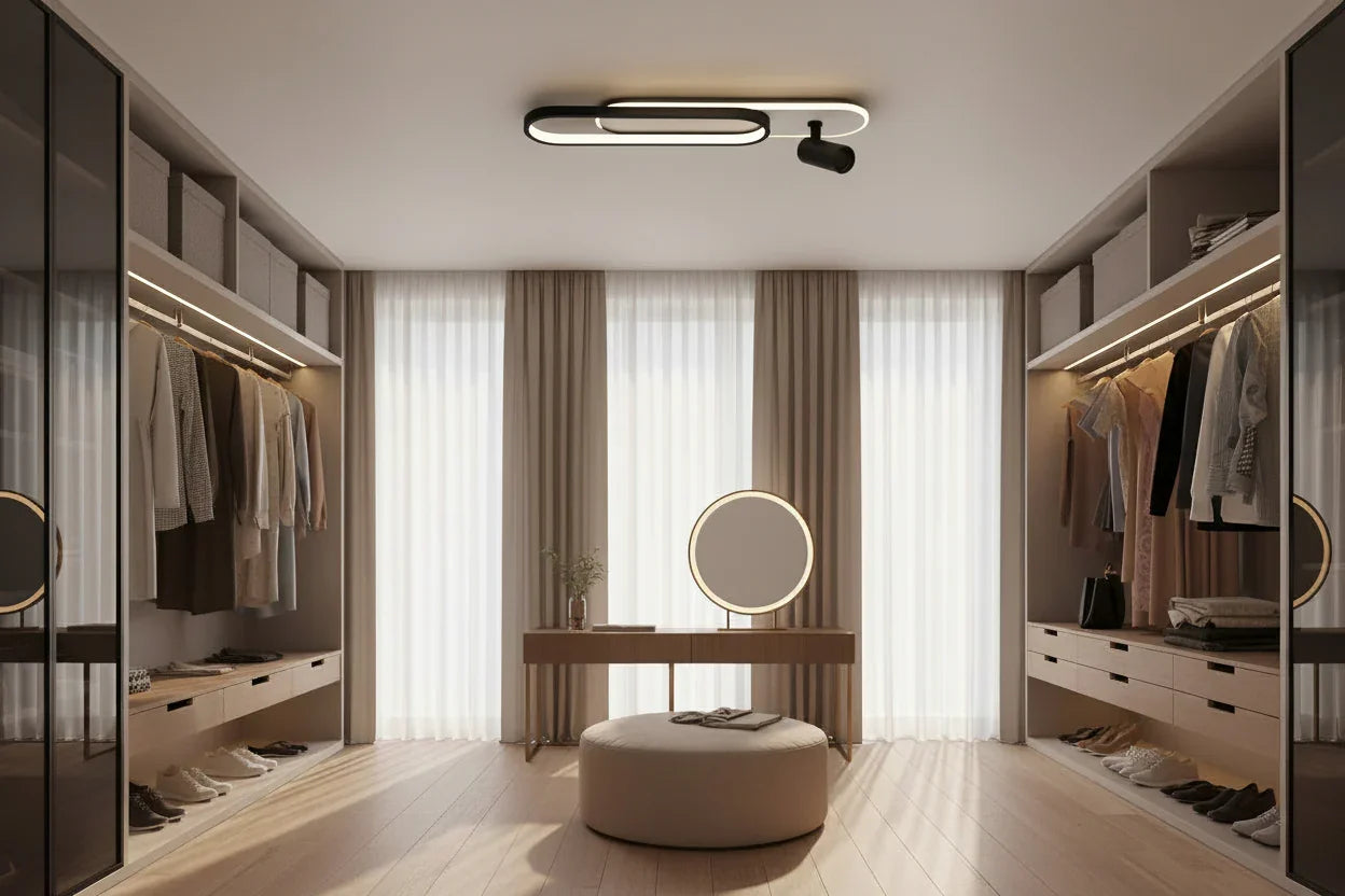 Ceiling light fixture in a room with clothing on a rack and a window.