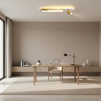 Ceiling light fixture in a office room with and a window.