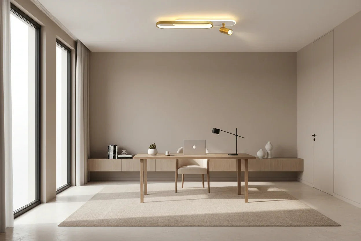 Ceiling light fixture in a office room with and a window.