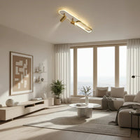 Modern ceiling light fixture in a room with decorative elements.