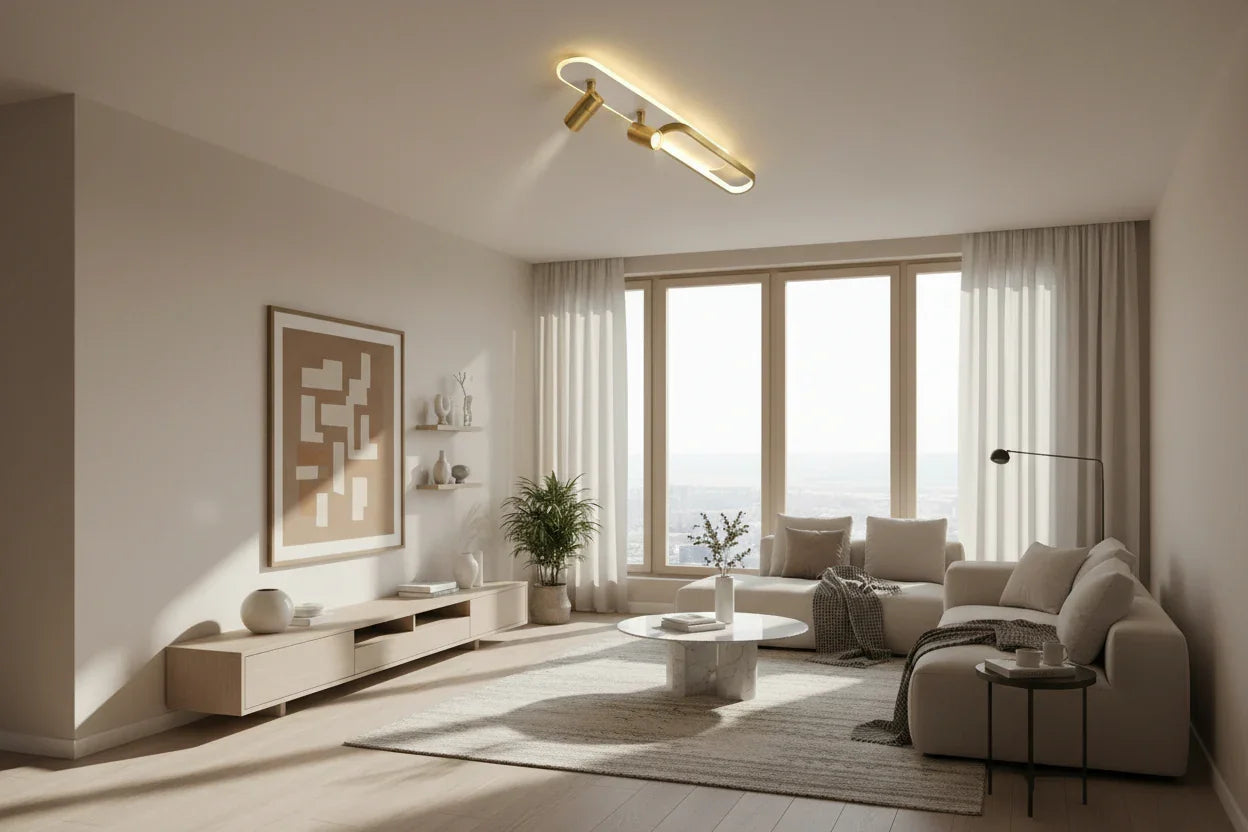 Modern ceiling light fixture in a room with decorative elements.