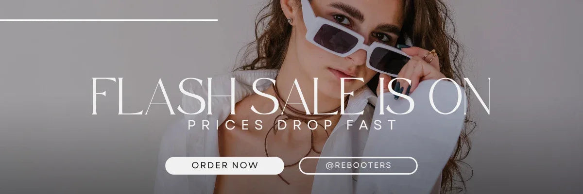 Promotional banner with a woman wearing sunglasses, text 'Flash Sale is on' and 'Prices drop fast', with a call to action button and social media handles.