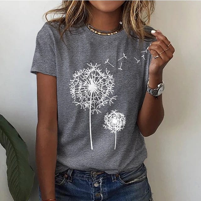 Women's Elegant Dandelion Print T-Shirt Cotton for Casual Style - Rebooters