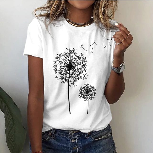 Women's Elegant Dandelion Print T-Shirt Cotton for Casual Style - Rebooters