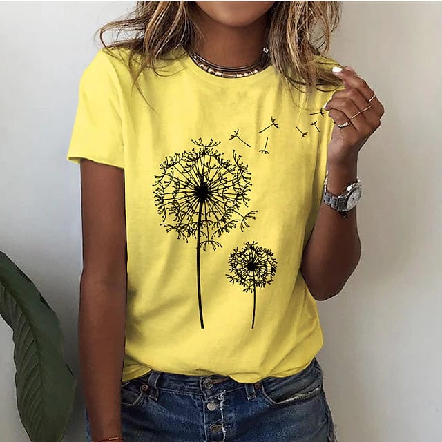 Women's Elegant Dandelion Print T-Shirt Cotton for Casual Style - Rebooters