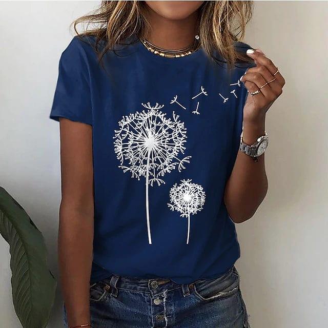 Women's Elegant Dandelion Print T-Shirt Cotton for Casual Style Rebooters Womens Shirts