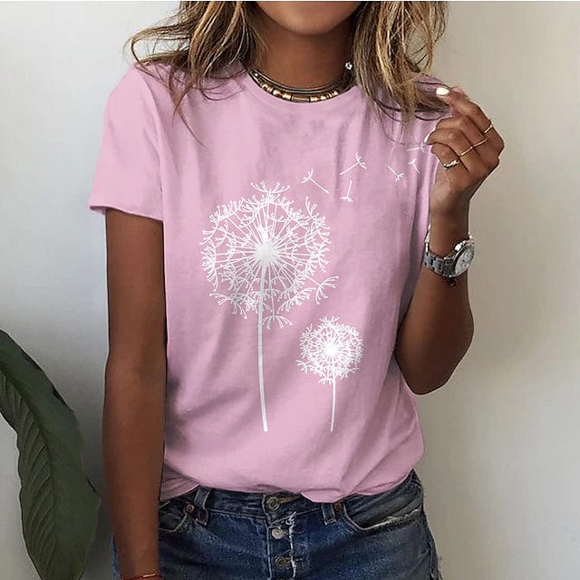 Women's Elegant Dandelion Print T-Shirt Cotton for Casual Style - Rebooters