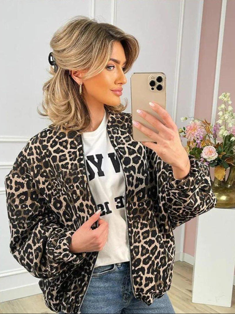 Womens Stylish Leopard Print Bomber Jacket for Trendy Look - Rebooters