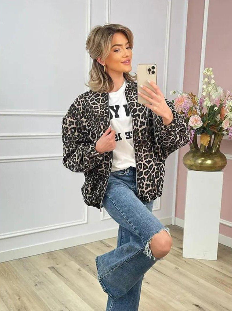 Womens Stylish Leopard Print Bomber Jacket for Trendy Look - Rebooters