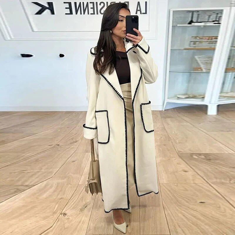 Womens Chic Long Coat with Stylish Contrast Trim Fashion - Rebooters