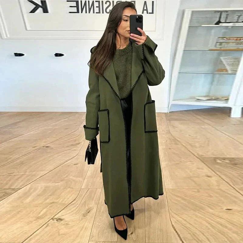 Womens Chic Long Coat with Stylish Contrast Trim Fashion - Rebooters