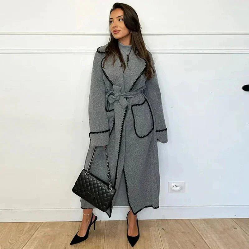 Womens Chic Long Coat with Stylish Contrast Trim Fashion - Rebooters