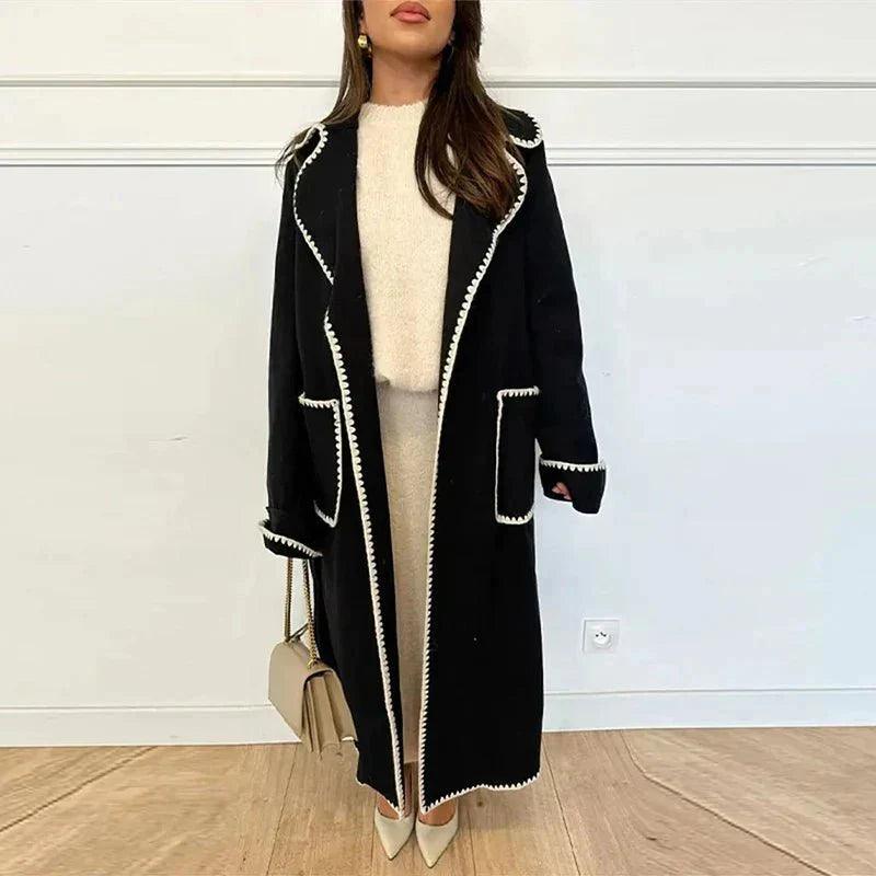 Womens Chic Long Coat with Stylish Contrast Trim Fashion - Rebooters