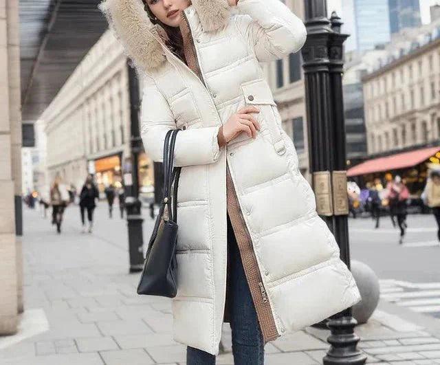 Womens Luxurious Long Puffer Coat With Cozy Fur Hood - Rebooters