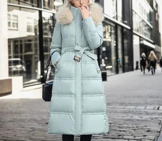 Womens Luxurious Long Puffer Coat With Cozy Fur Hood - Rebooters