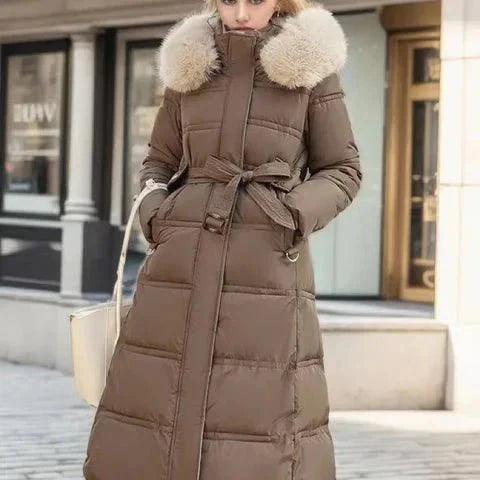 Womens Luxurious Long Puffer Coat With Cozy Fur Hood - Rebooters