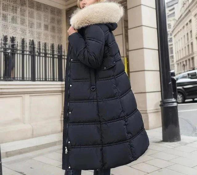 Womens Luxurious Long Puffer Coat With Cozy Fur Hood - Rebooters