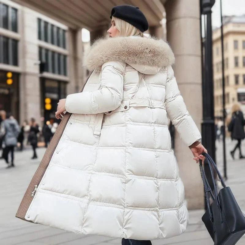 Womens Luxurious Long Puffer Coat With Cozy Fur Hood - Rebooters