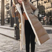 Womens Luxurious Long Puffer Coat With Cozy Fur Hood - Rebooters