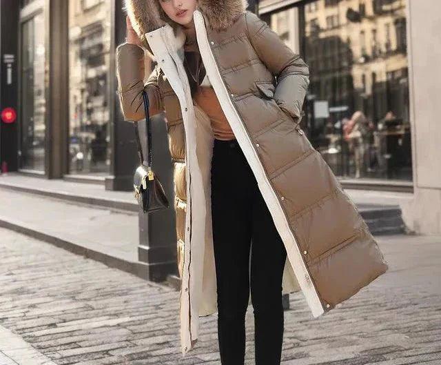 Womens Luxurious Long Puffer Coat With Cozy Fur Hood - Rebooters