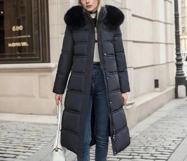 Womens Luxurious Long Puffer Coat With Cozy Fur Hood - Rebooters