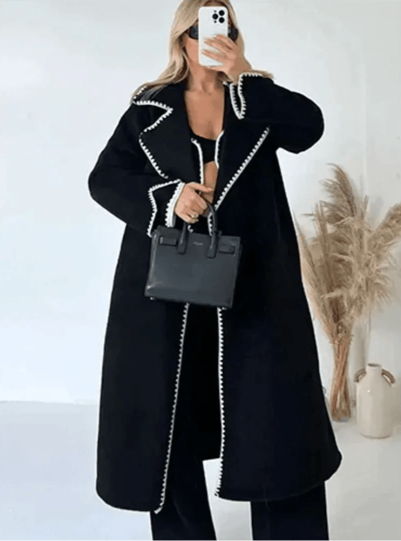 Womens Chic Longline Coat with Stylish Contrast Trim Elegance - Rebooters