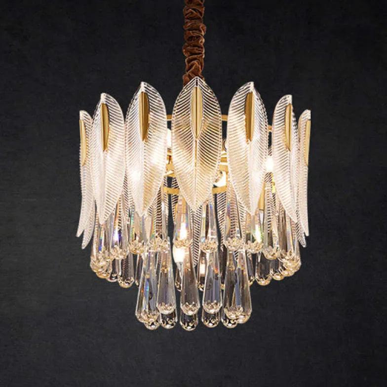 Crystal Leaf Adorned Golden Modern Chandelier Light Fixture | Rebooters - Rebooters