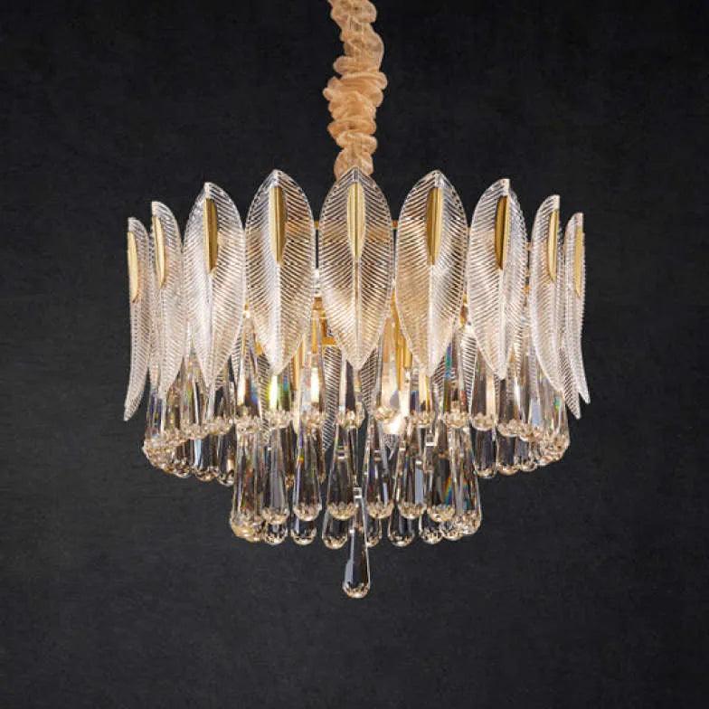 Crystal Leaf Adorned Golden Modern Chandelier Light Fixture | Rebooters - Rebooters