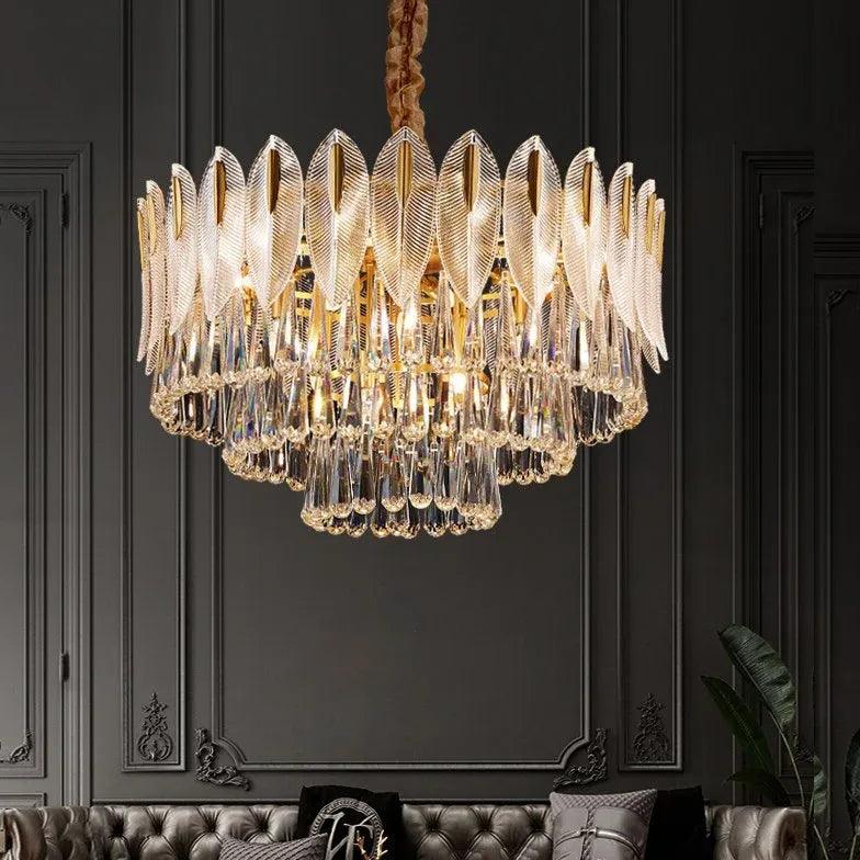 Crystal Leaf Adorned Golden Modern Chandelier Light Fixture | Rebooters - Rebooters