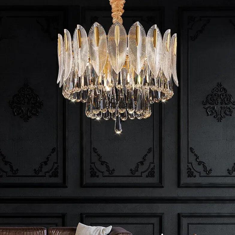 Crystal Leaf Adorned Golden Modern Chandelier Light Fixture | Rebooters - Rebooters