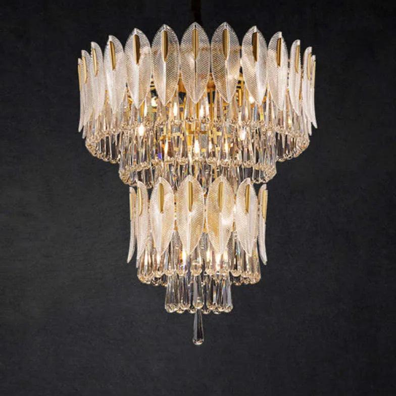 Crystal Leaf Adorned Golden Modern Chandelier Light Fixture | Rebooters - Rebooters