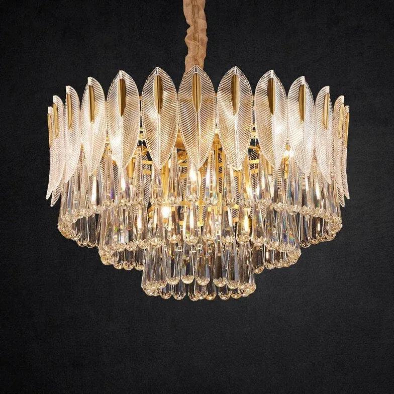 Crystal Leaf Adorned Golden Modern Chandelier Light Fixture | Rebooters - Rebooters