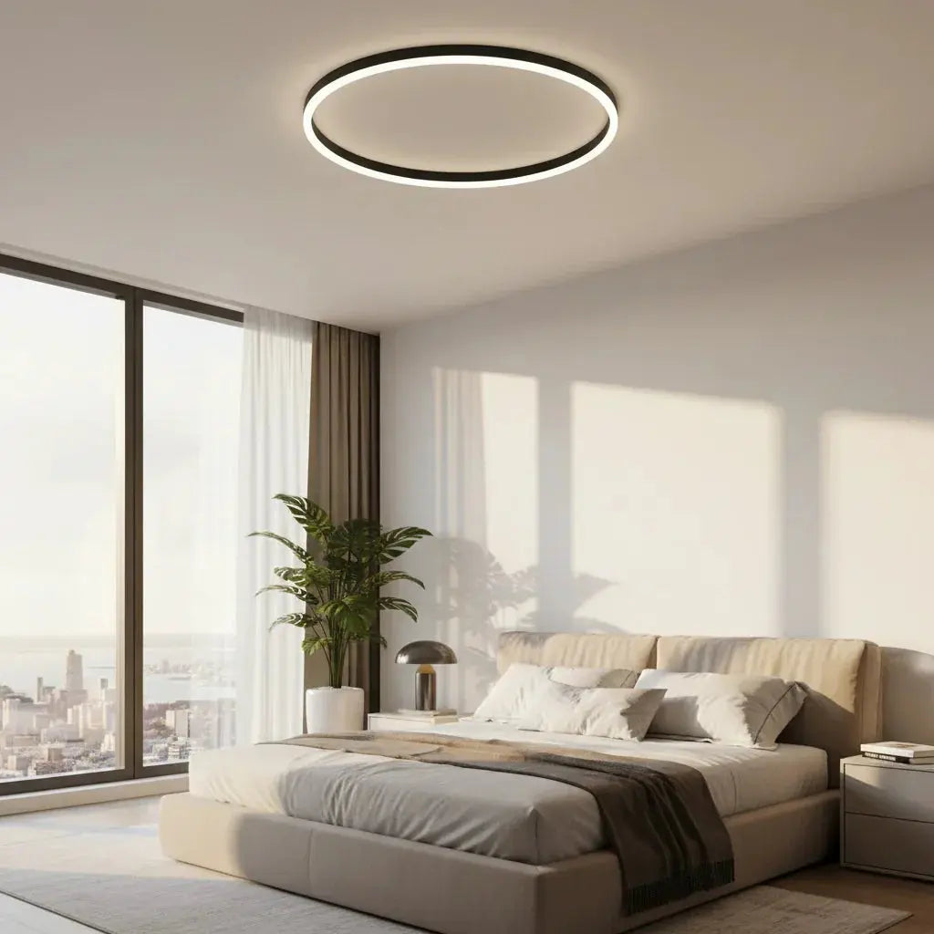 Ceiling light fixture in a bedroom setting with neutral colors