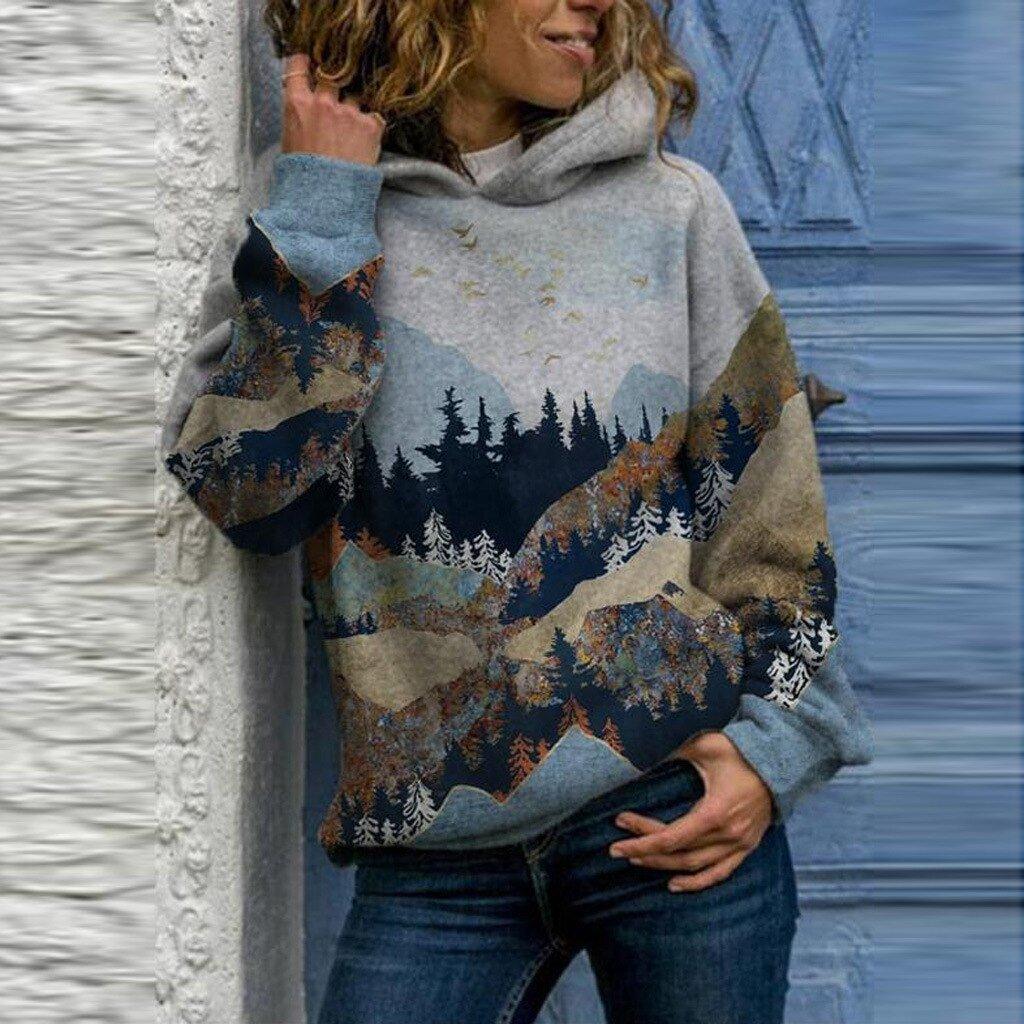 Womens Scenic Mountain-Print Hooded Sweatshirt for Comfort - Rebooters