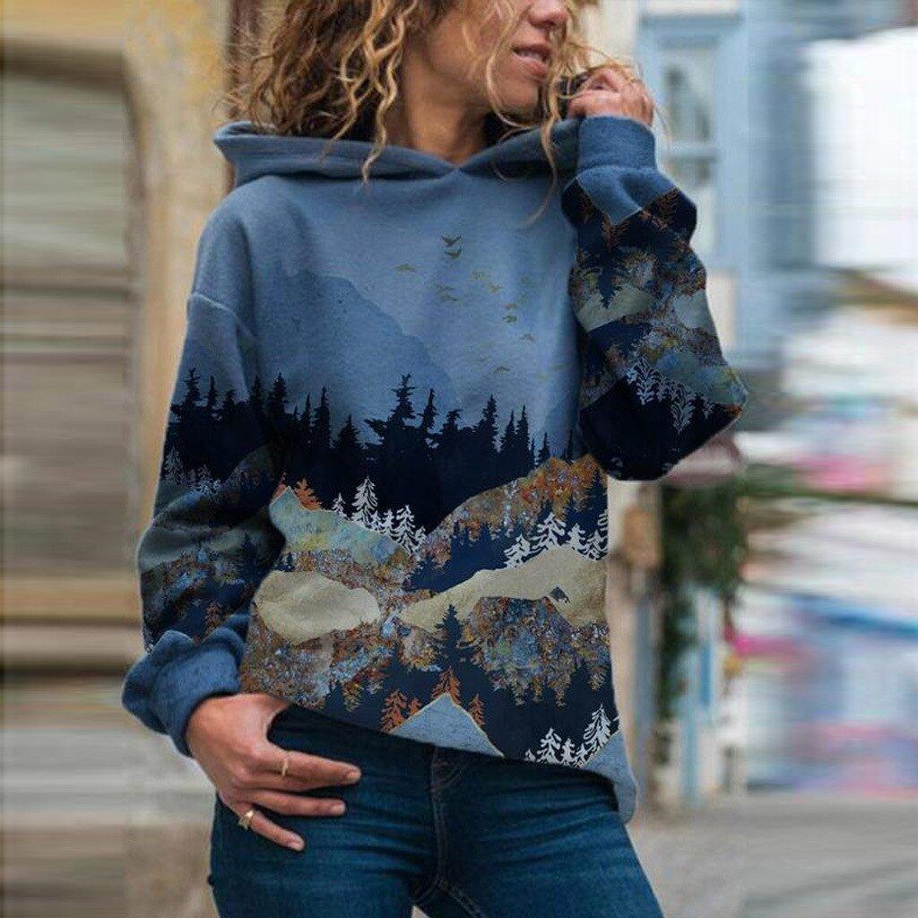 Womens Scenic Mountain-Print Hooded Sweatshirt for Comfort - Rebooters