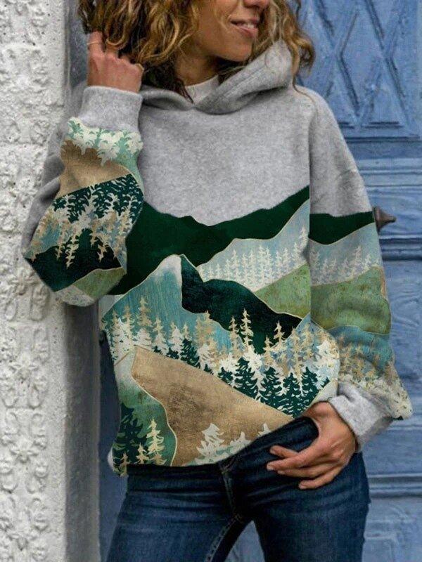 Womens Scenic Mountain-Print Hooded Sweatshirt for Comfort - Rebooters