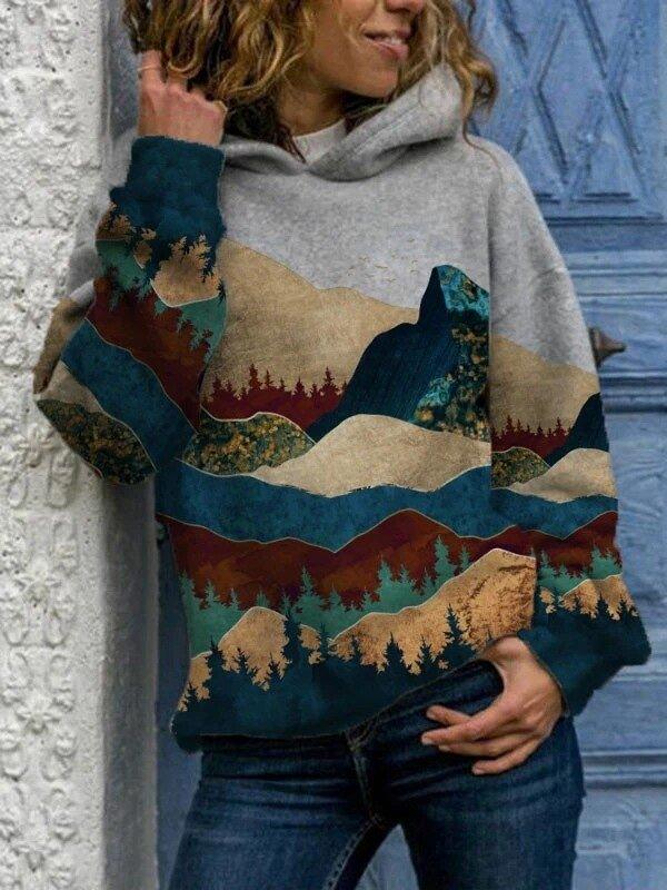 Womens Scenic Mountain-Print Hooded Sweatshirt for Comfort - Rebooters