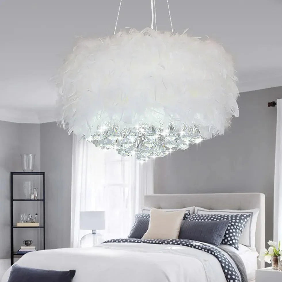 Elegant White Feather Crystal Bedroom Chandelier Light | Rebooters - Rebooters