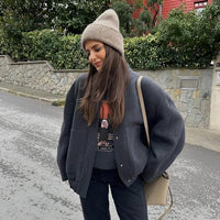 Womens Chic Oversized Button-Up Bomber Jacket for Style - Rebooters