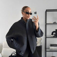 Womens Chic Oversized Button-Up Bomber Jacket for Style - Rebooters