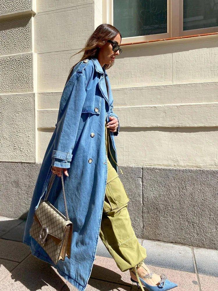 Womens Chic Oversized Denim Trench Coat for Effortless Style - Rebooters