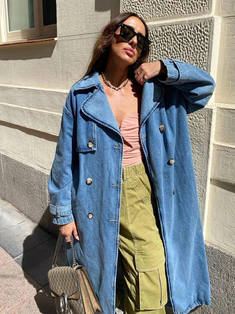 Womens Chic Oversized Denim Trench Coat for Effortless Style - Rebooters